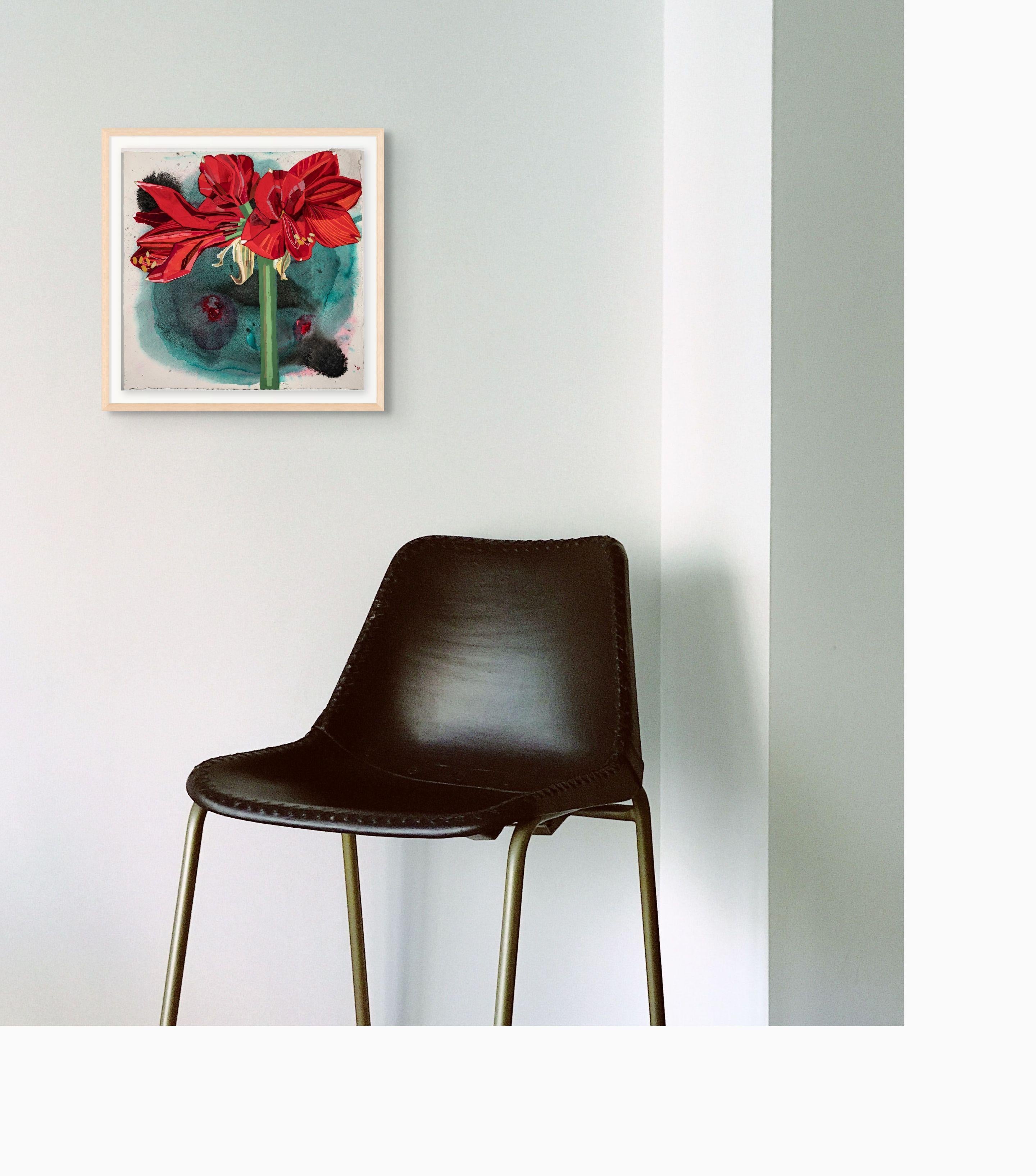 Amaryllis, Flower Painting, Bold Red Botanical Artwork, 16 x 16 Inches, Framed - Gray Still-Life by Elisabeth Condon