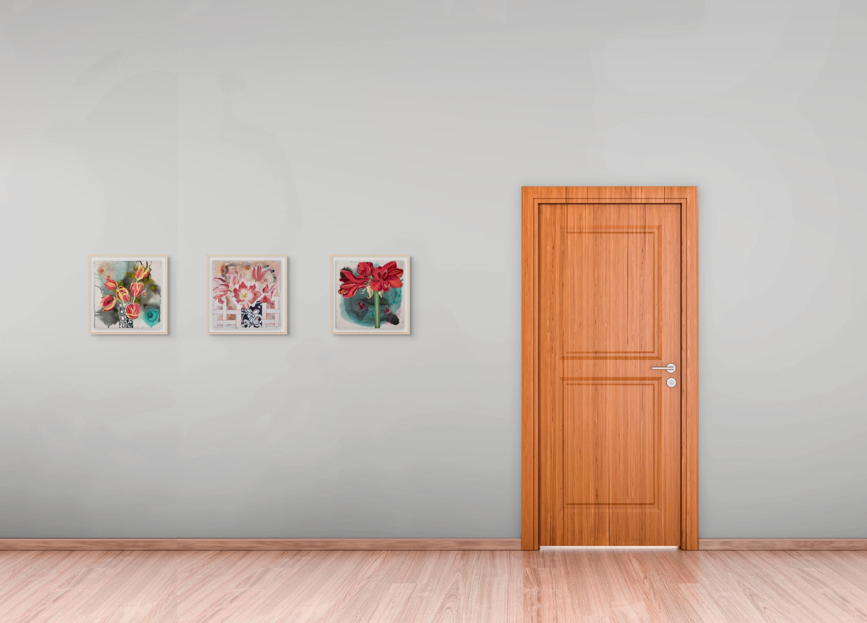Elisabeth Condon’s Memorial Flowers series reimagines the still life as a meditation on memory, impermanence, and renewal. Using gouache and ink, she stages vibrant floral arrangements against atmospheric backgrounds where washes bloom and stain