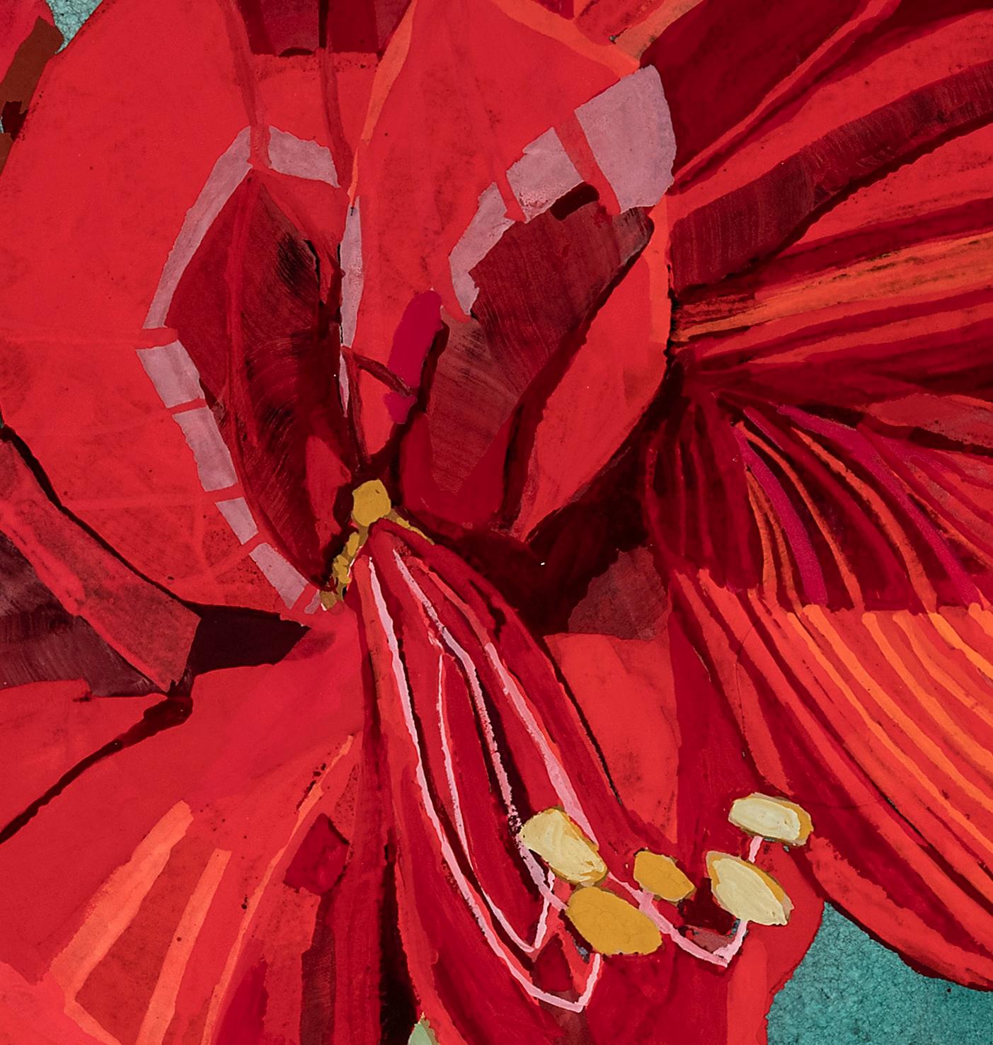 Amaryllis, Flower Painting, Bold Red Botanical Artwork, 16 x 16 Inches, Framed For Sale 2