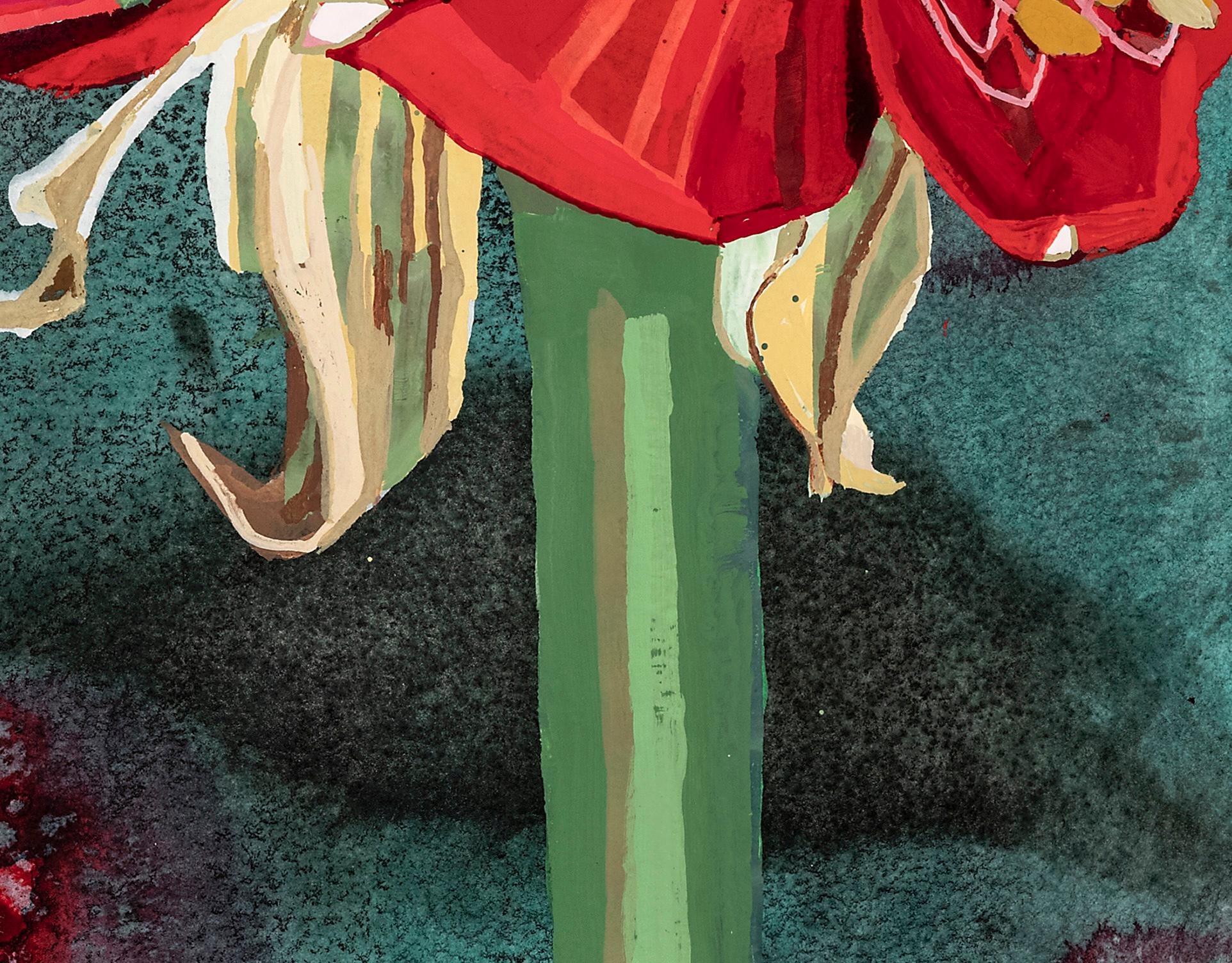 Amaryllis, Flower Painting, Bold Red Botanical Artwork, 16 x 16 Inches, Framed For Sale 4