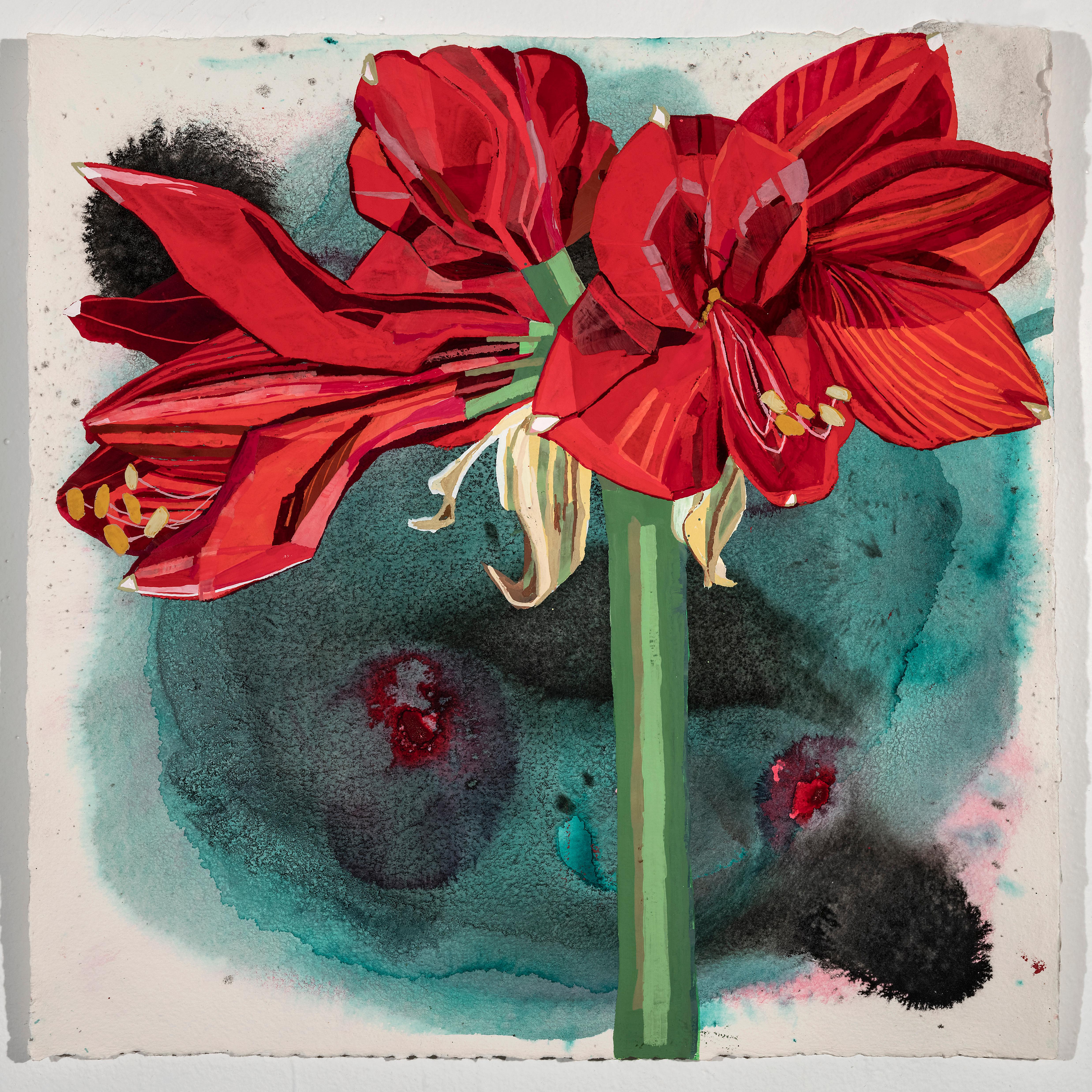 Elisabeth Condon Still-Life - Amaryllis, Flower Painting, Bold Red Botanical Artwork, 16 x 16 Inches, Framed