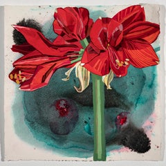 Amaryllis, Flower Painting, Bold Red Botanical Artwork, 16 x 16 Inches, Framed