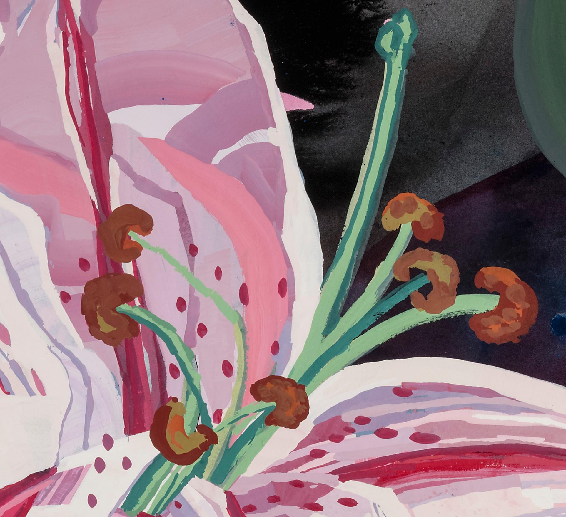 Gigli 1 - Pittura moderna botanica floreale su carta, arte contemporanea - Still-Life Grigio di Elisabeth Condon