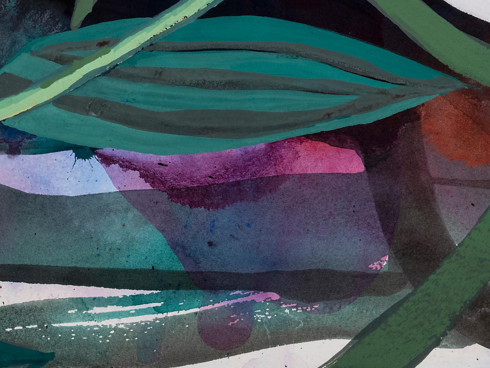 In Lilies 1, Elisabeth Condon cattura la rigogliosa vitalità dei fiori attraverso la sua caratteristica miscela di inchiostro e gouache. Ampie pennellate di viola e nero formano un fondo drammatico sul quale i petali bianchi e rosa sembrano