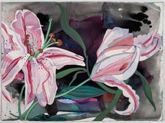 Lilies 1 – Modern Botanical Pink Lily Floral Painting on Paper, Contemporary Art