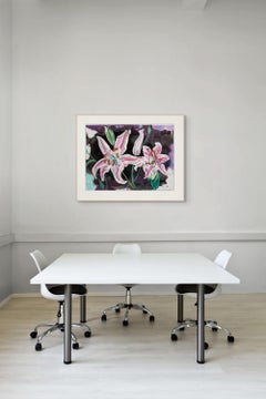 Lilies 2, Modern Botanical Pink Lily Floral Painting on Paper, Contemporary Art