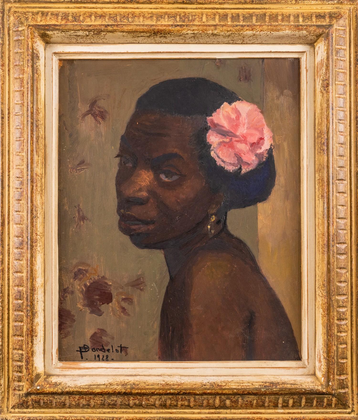 Raffinato ritratto a olio del 1920 di una donna nuda con un fiore rosa tra i capelli, con cornice originale