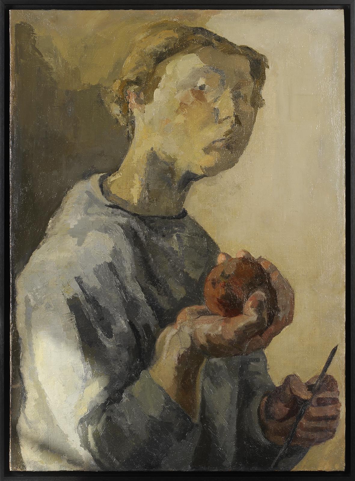 Elisabeth Dujarric de la Rivière (1930-2005) Self-portrait with apple - Painting by Élisabeth Dujarric de La Rivière