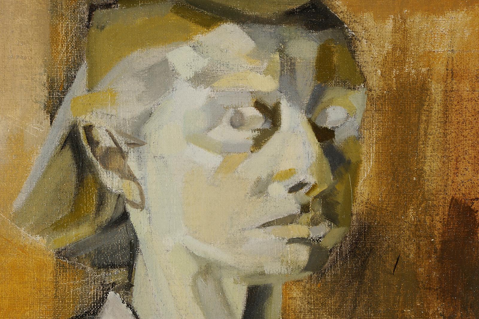 Elisabeth Dujarric de la Rivière (1930-2005) Self-Portrait avec palette - Marron Portrait Painting par Élisabeth Dujarric de La Rivière
