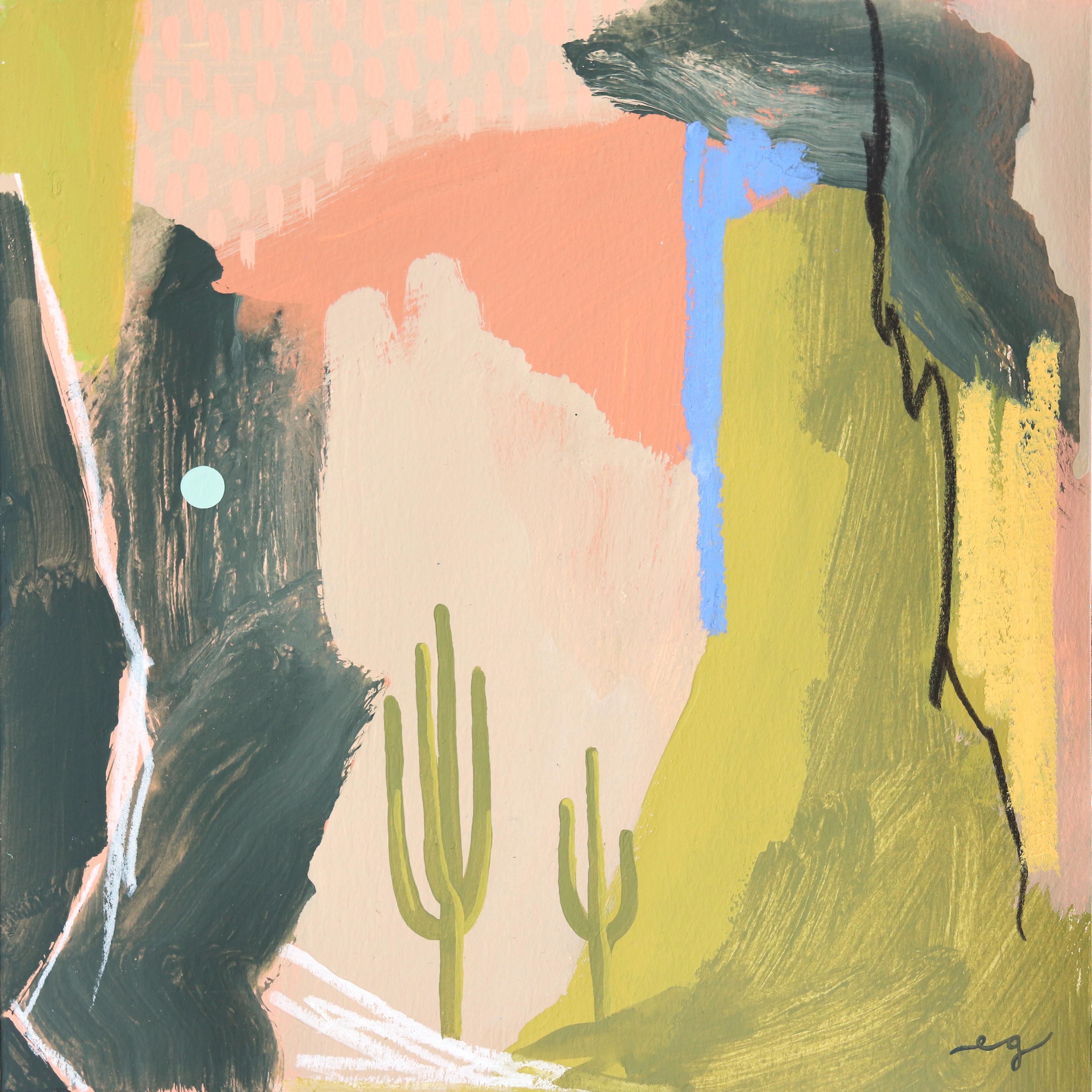Desert Oasis 1 - Peinture originale abstraite et colorée de paysage occidental sur papier