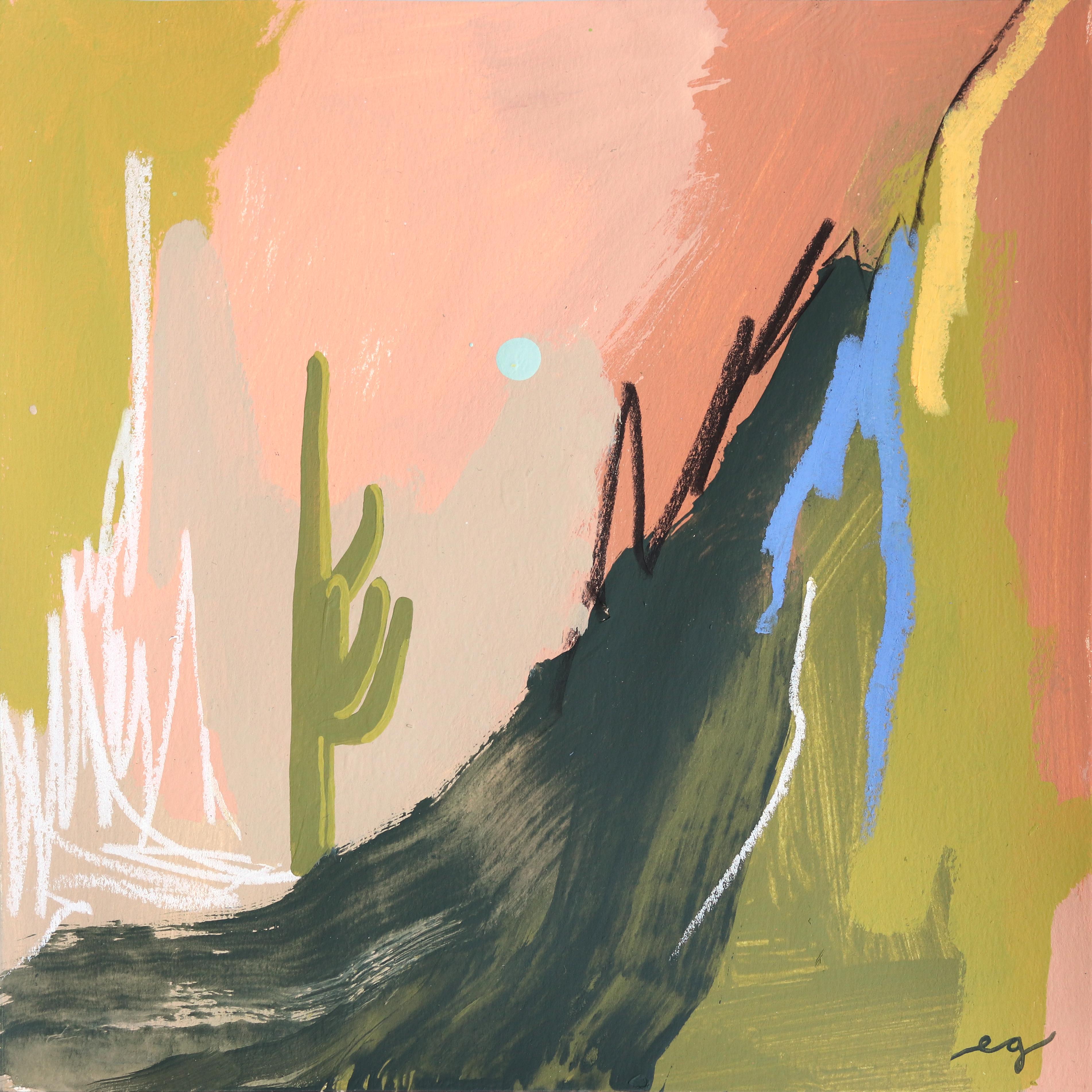 Desert Oasis 2 - Peinture originale abstraite et colorée de paysage occidental sur papier - Mixed Media Art de Elisabeth Grace