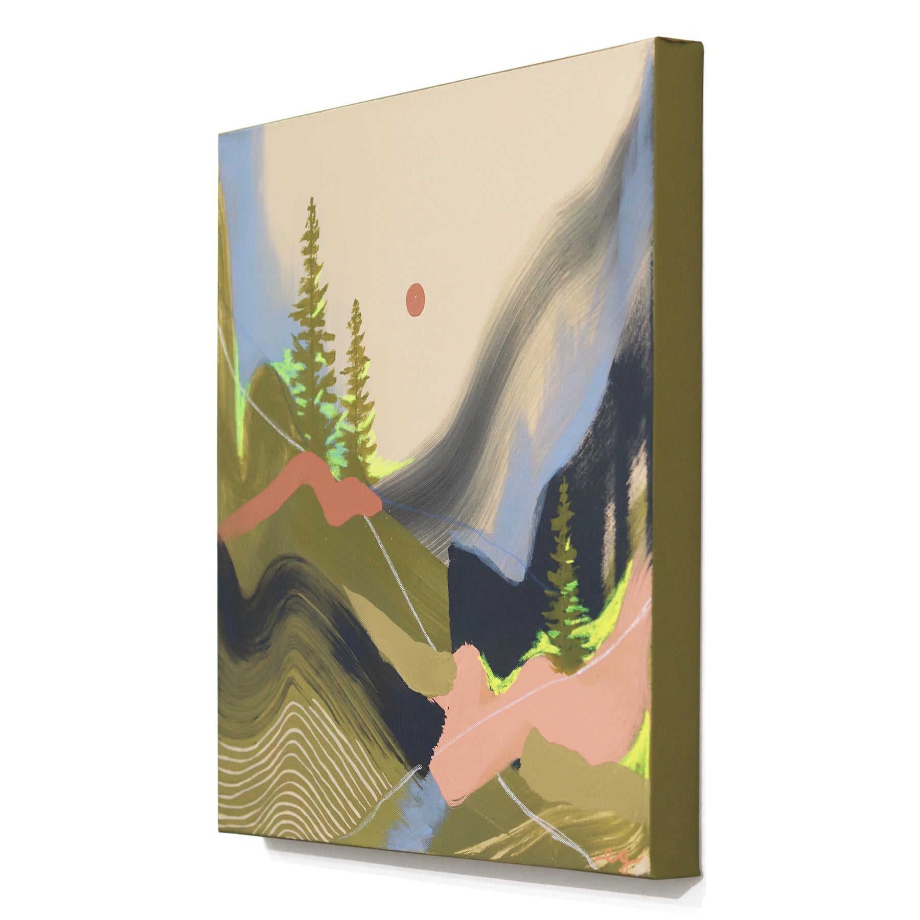Valley Neon Valley - Peinture de paysage originale colorée abstraite sur toile - Marron Abstract Painting par Elisabeth Grace
