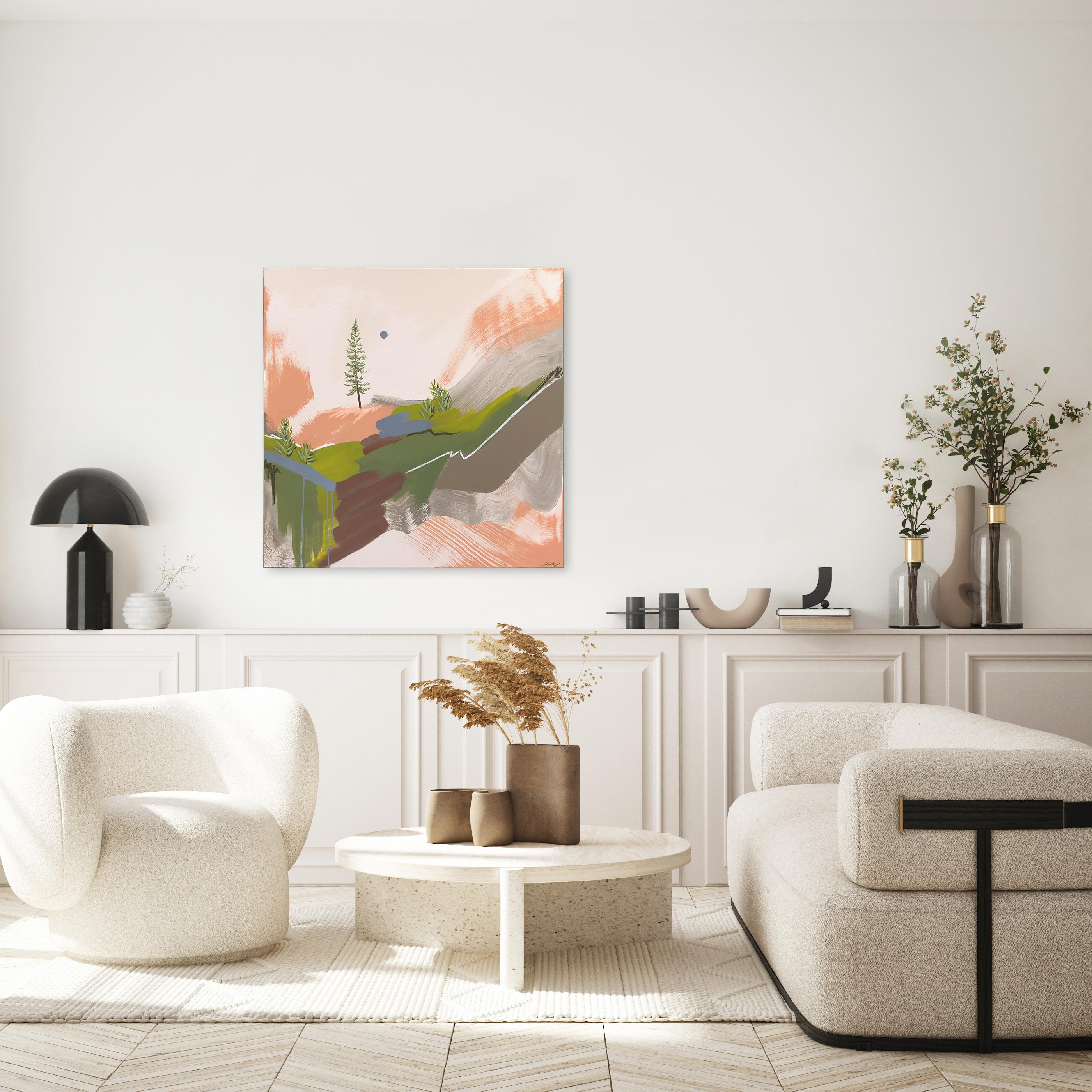 Pino apacible - Pintura original abstracta colorida de paisaje sobre lienzo - Painting de Elisabeth Grace