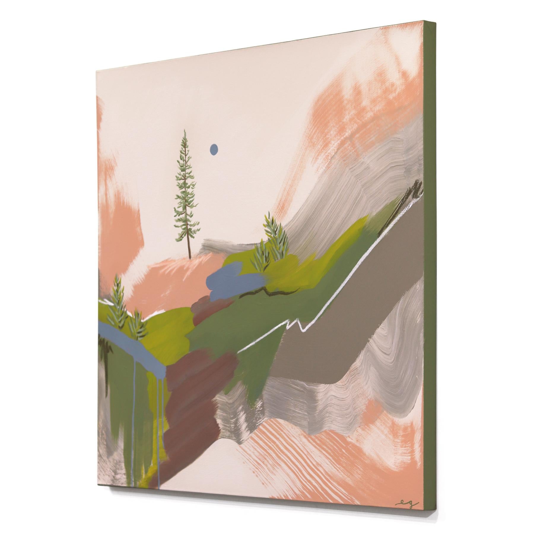 Pino apacible - Pintura original abstracta colorida de paisaje sobre lienzo - Abstract Painting Beige de Elisabeth Grace