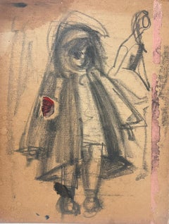 20th Century German Modernist Black Pencil Figure Sketch Drawing