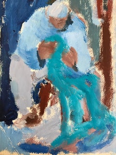 20th Century German Modernist Oil Painting Abstract Figure Of Man Sewing