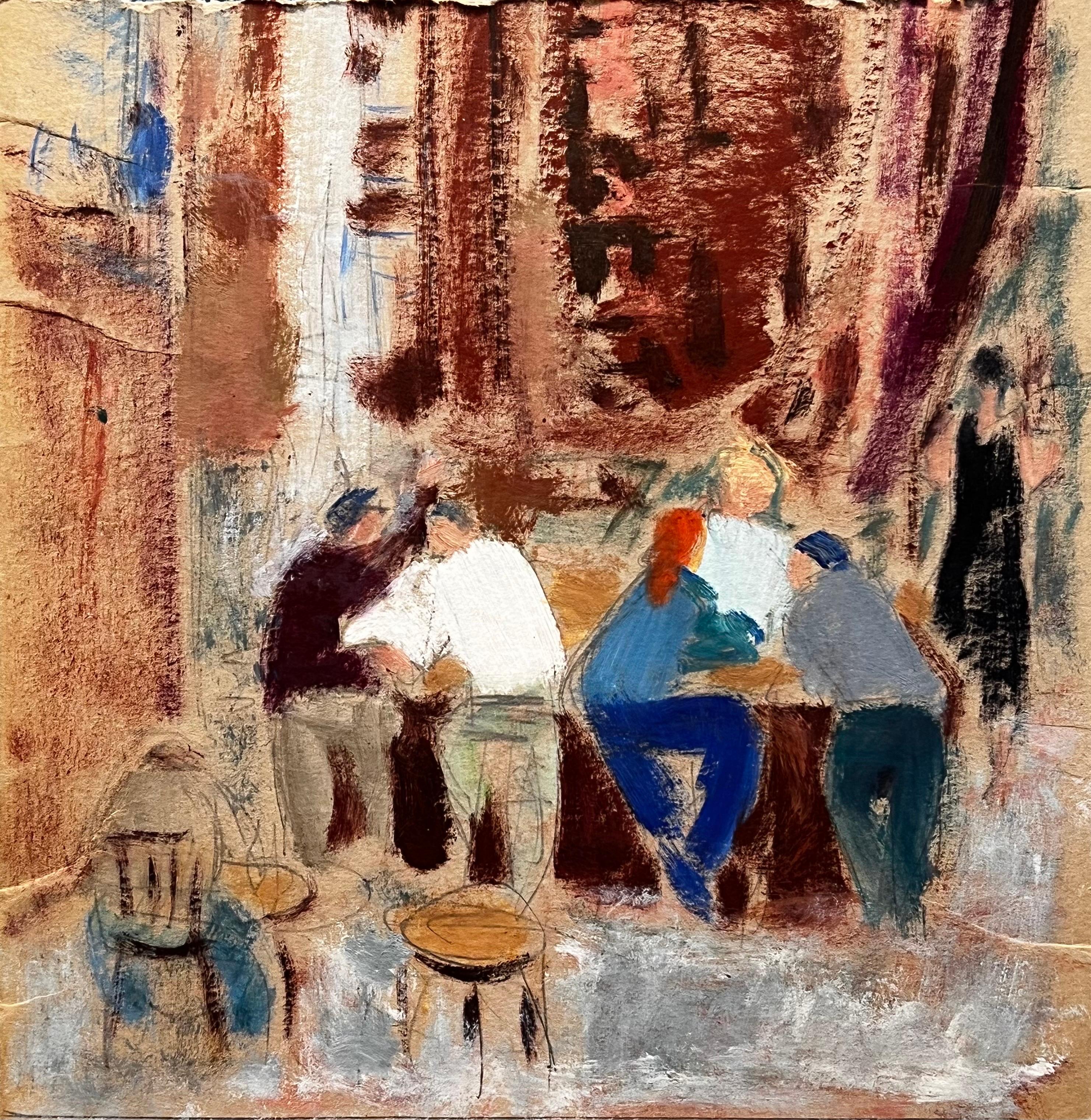 Elisabeth Hahn Figurative Painting - 20th Century German Modernist Oil Painting Abstract Figures At The Bar