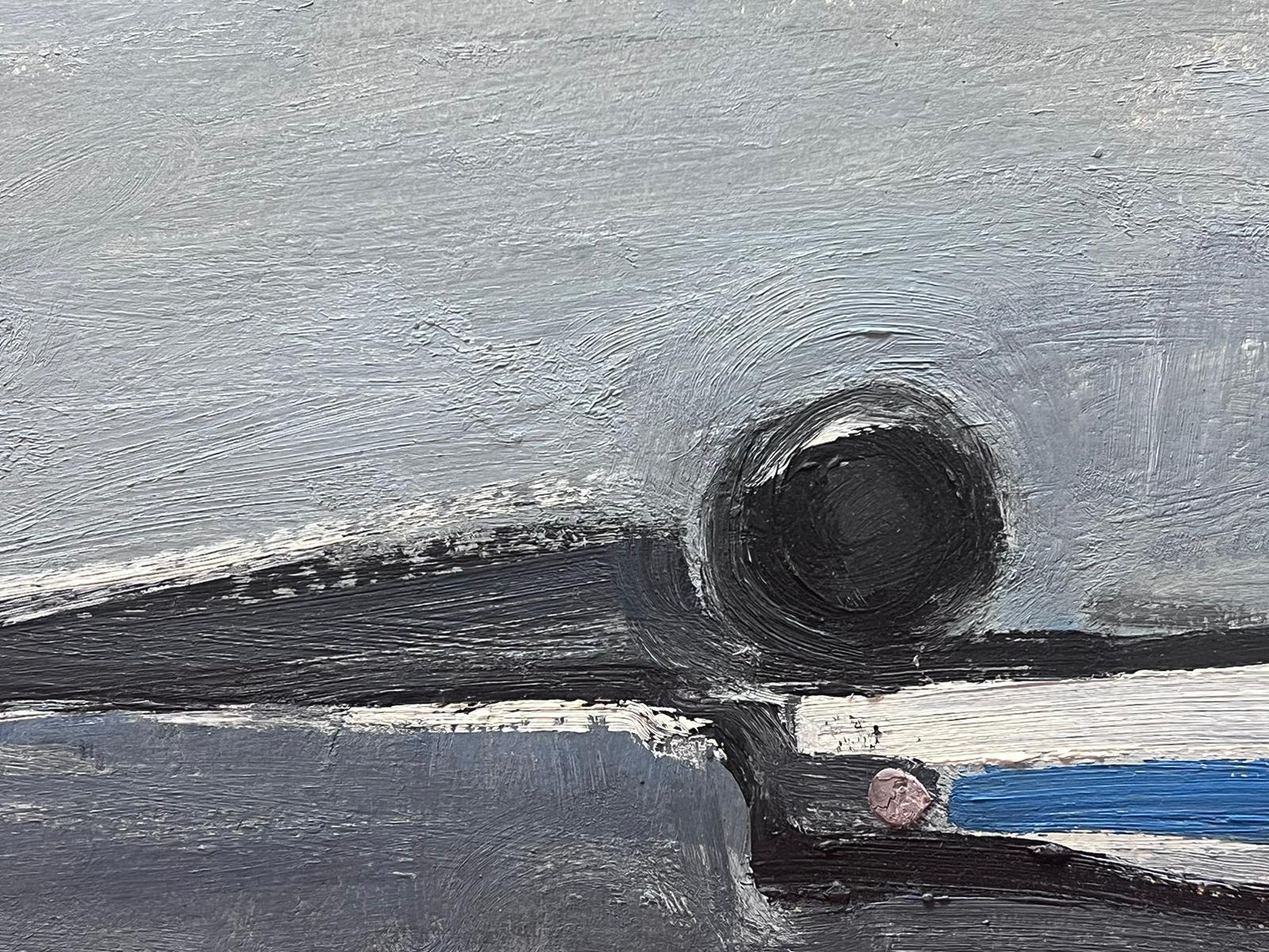 Deutsches modernistisches Ölgemälde des 20. Jahrhunderts, Abstrakt, Schwarz, Grau, Weiß und Blau – Painting von Elisabeth Hahn