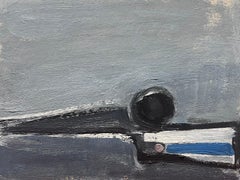Peinture à l'huile moderniste allemande du 20e siècle abstraite en noir, gris, blanc et bleu