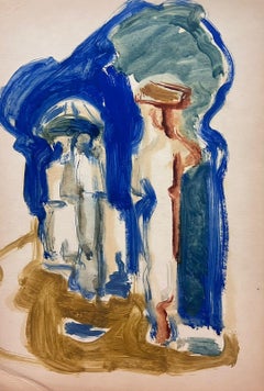 20th Century German Modernist Oil Painting Blue Figure Outlines