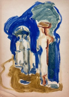 Vintage 20th Century German Modernist Oil Painting Blue Figure Outlines