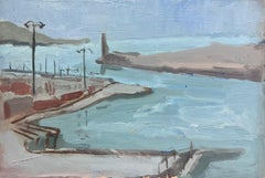 Vintage 20th Century German Modernist Oil Painting Blue Harbour 