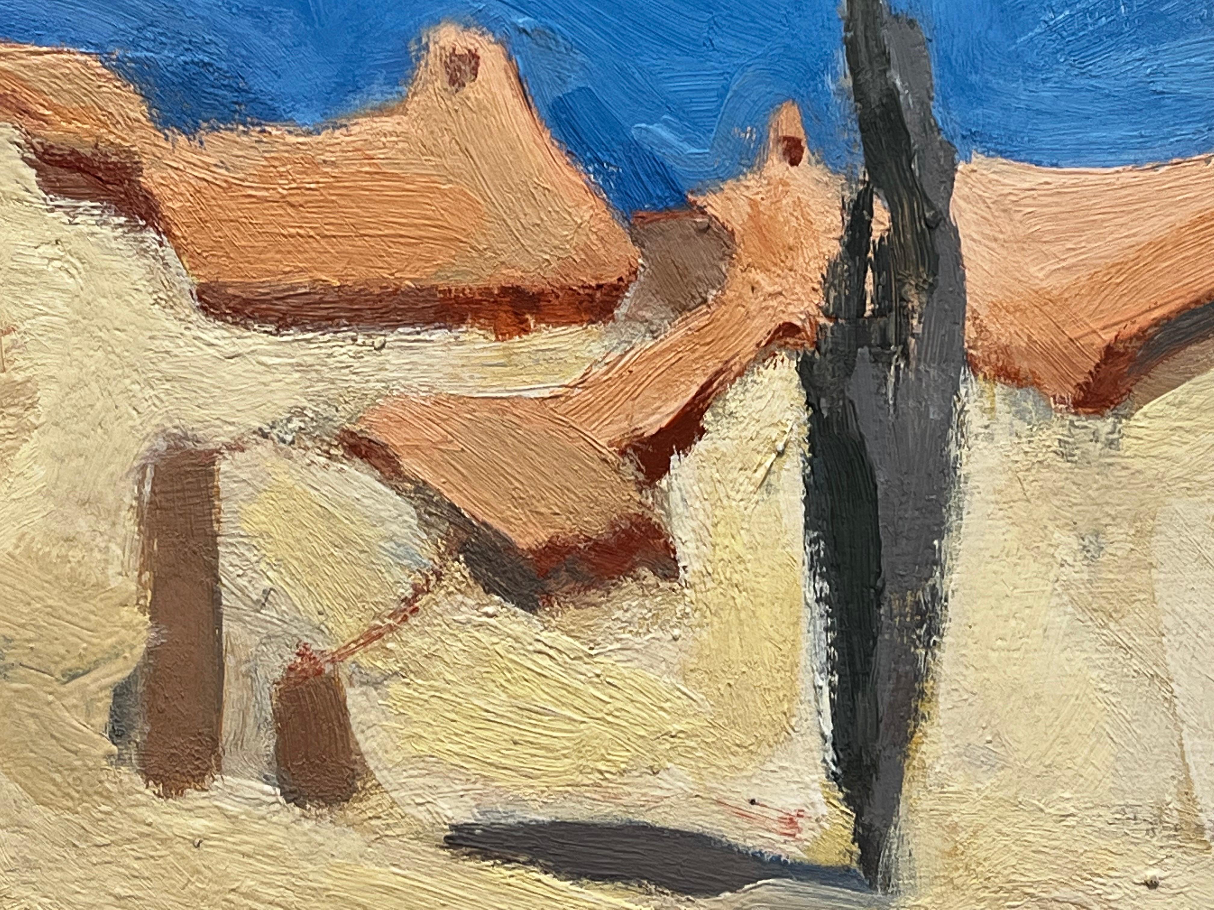 20th Century German Modernist Oil Painting - Blue Skies Over Town - Beige Landscape Painting by Elisabeth Hahn