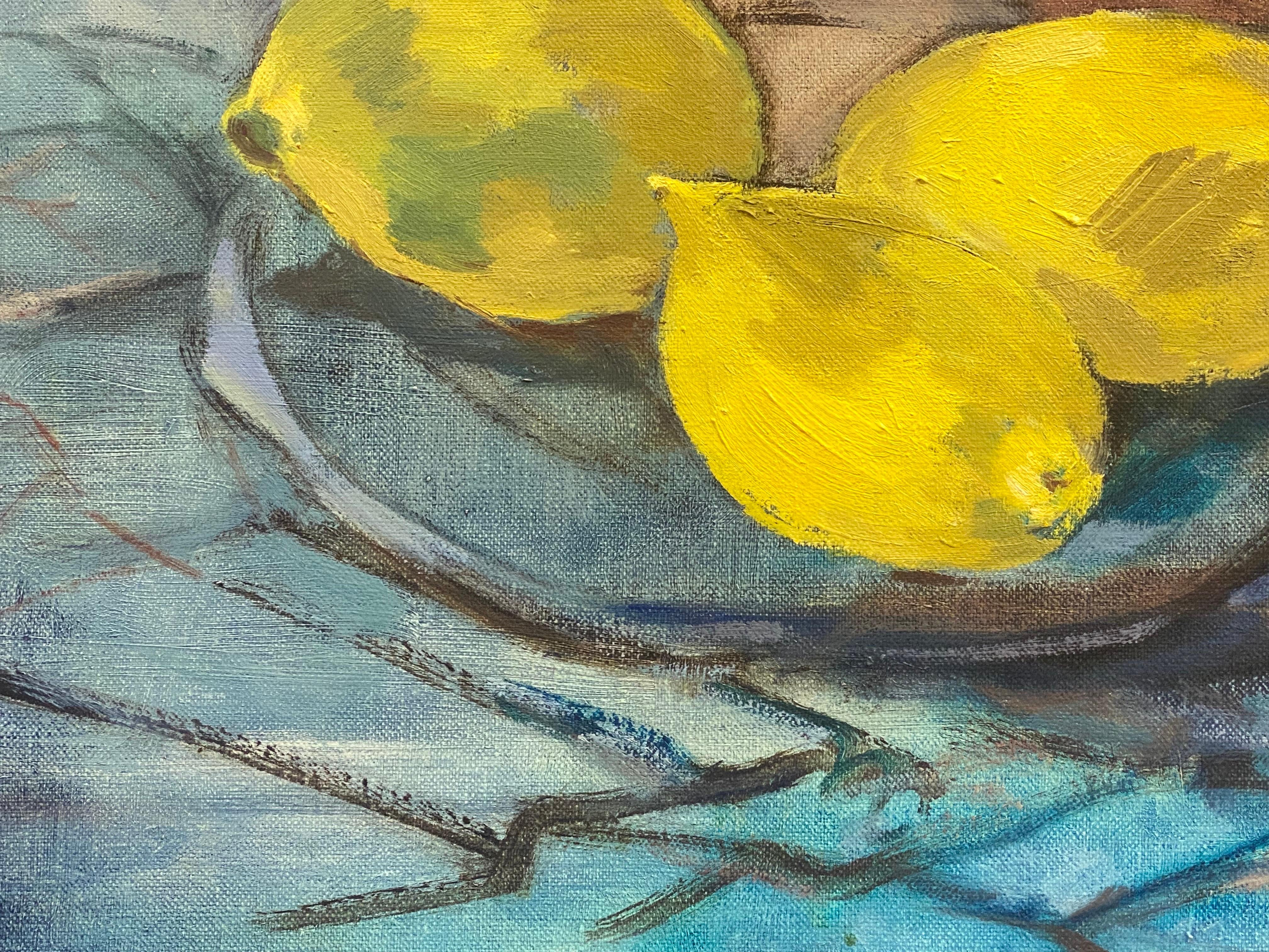 20th Century German Modernist Oil Painting Bright Yellow Lemons Still Life - Gray Still-Life Painting by Elisabeth Hahn