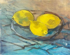 Vintage 20th Century German Modernist Oil Painting Bright Yellow Lemons Still Life