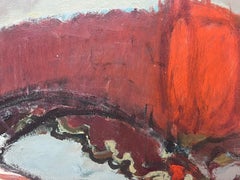 Pintura al óleo modernista alemana del siglo XX Puente marrón en cielo rojo