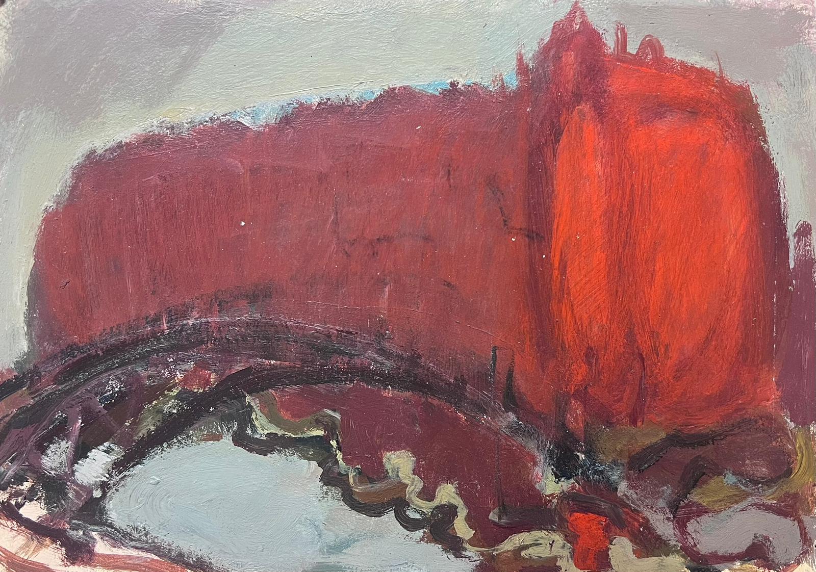 20th Century German Modernist Oil Painting Brown Bridge In Red Sky For Sale 1