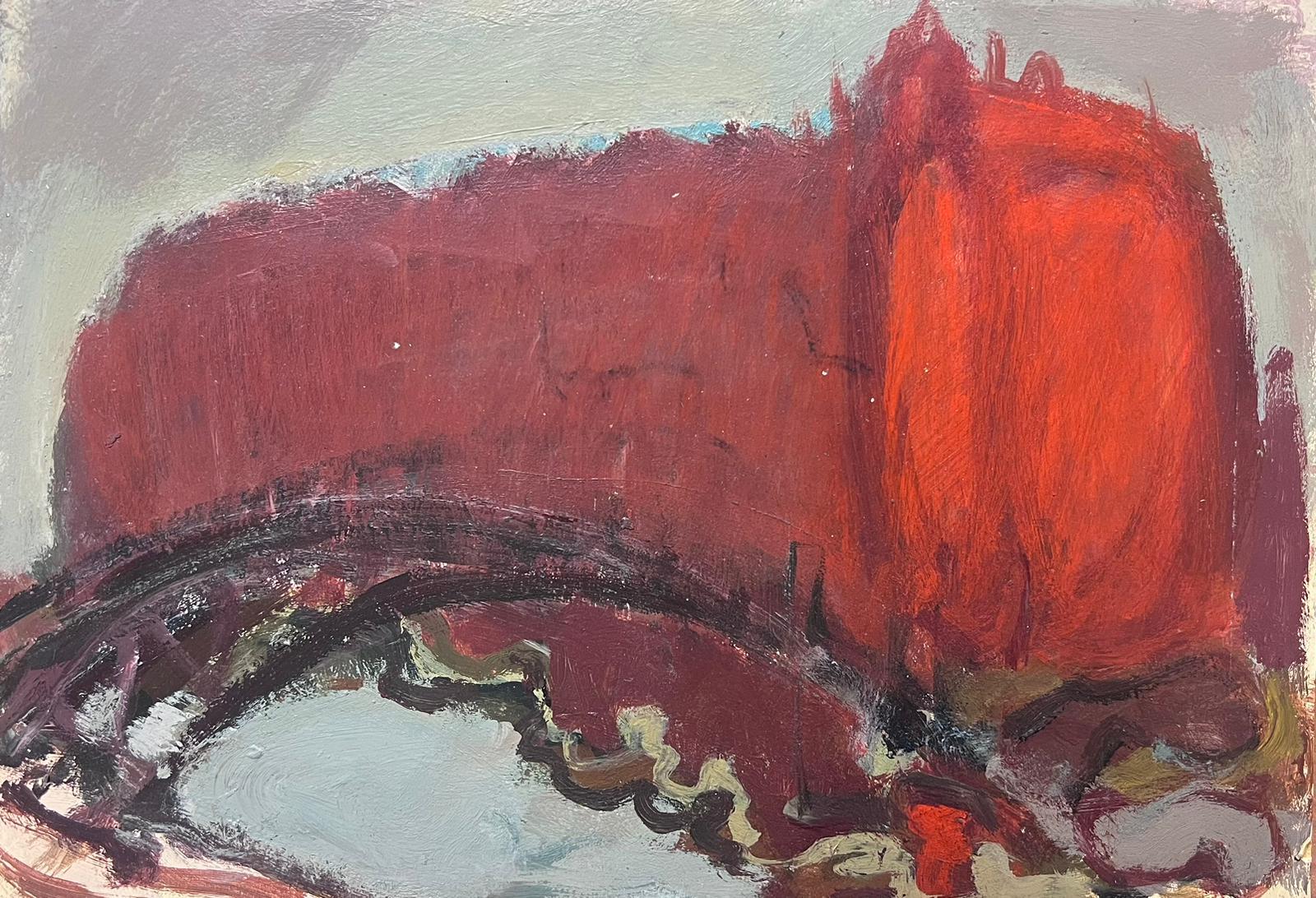 Elisabeth Hahn Landscape Painting - 20th Century German Modernist Oil Painting Brown Bridge In Red Sky