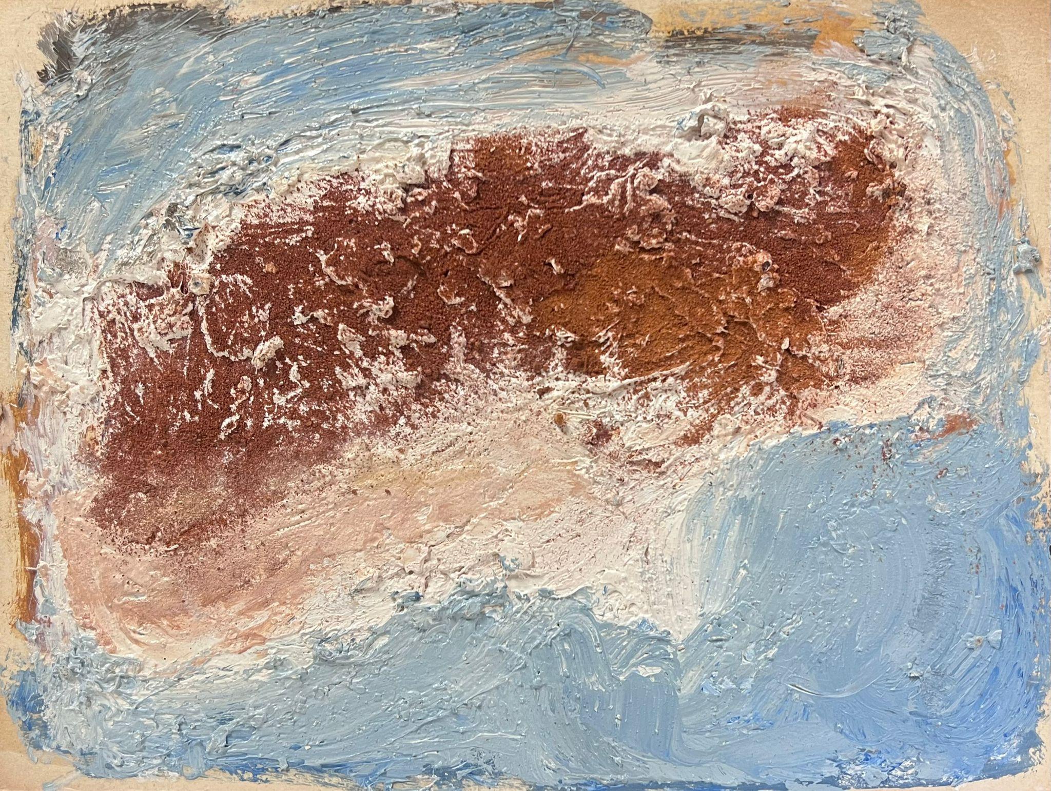 Abstract Painting Elisabeth Hahn - Peinture à l'huile moderniste allemande du 20e siècle, éclaboussures brunes sur fond bleu, abstraite
