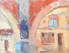 Vintage 20th Century German Modernist Oil Painting Colorful Arched Houses
