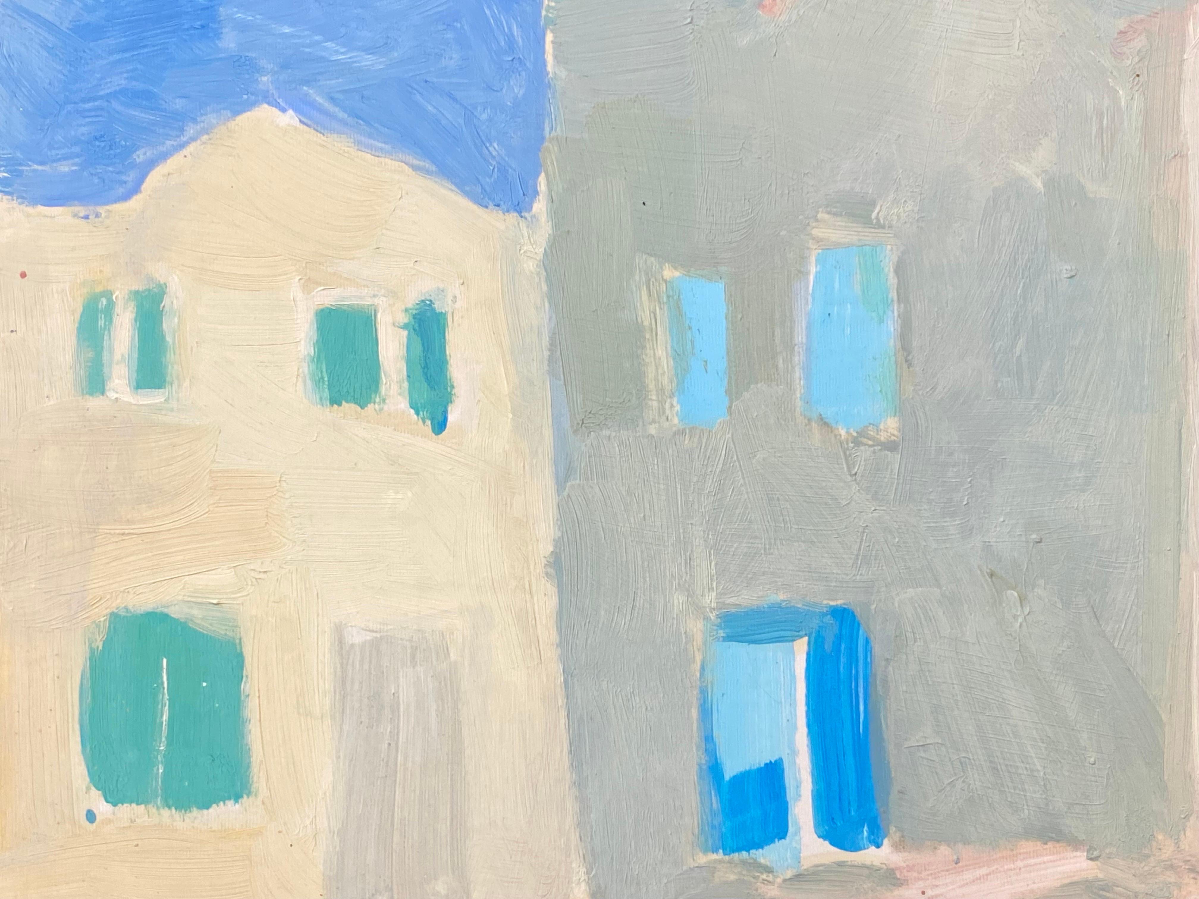 Peinture à l'huile moderniste allemande du 20e siècle représentant des maisons colorées sous un ciel bleu - Moderne Painting par Elisabeth Hahn
