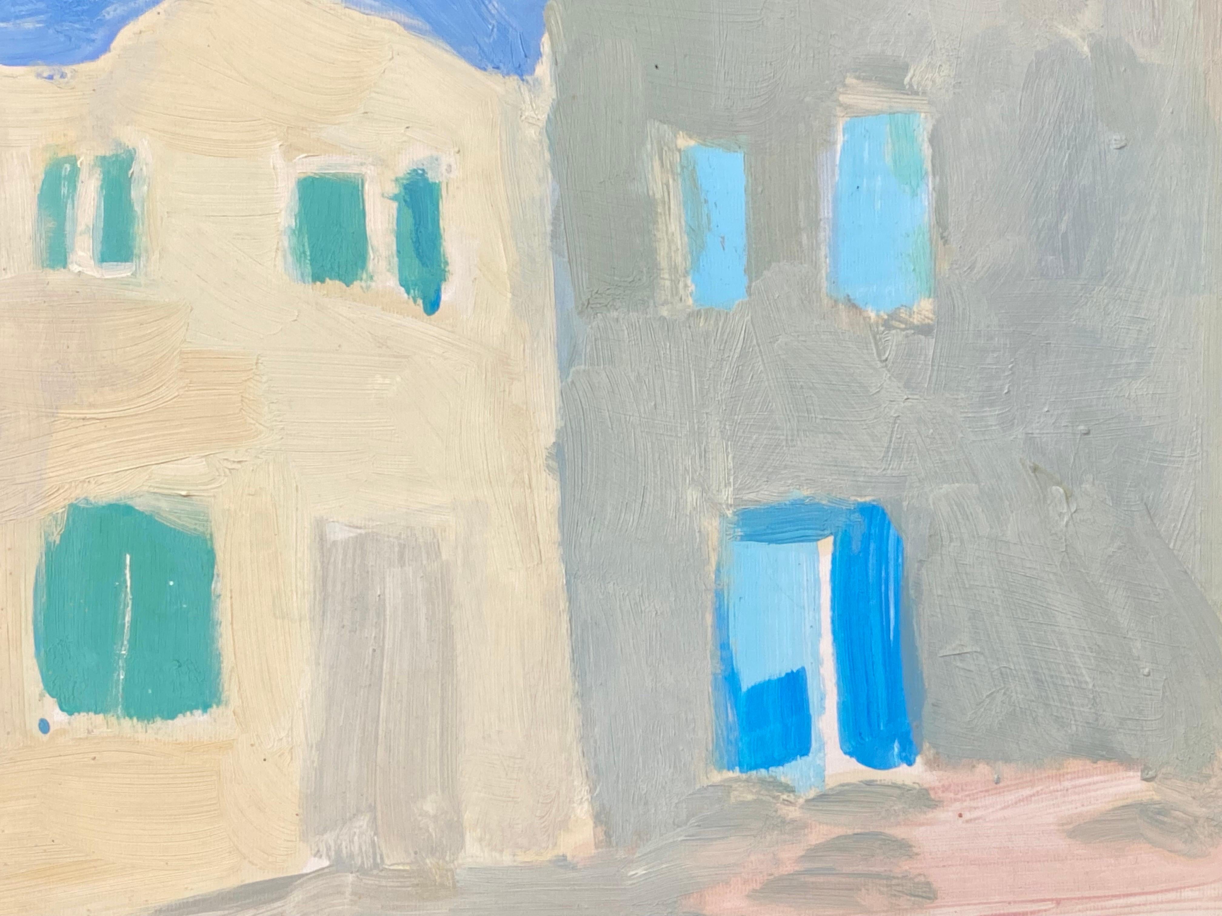 Peinture à l'huile moderniste allemande du 20e siècle représentant des maisons colorées sous un ciel bleu - Gris Landscape Painting par Elisabeth Hahn