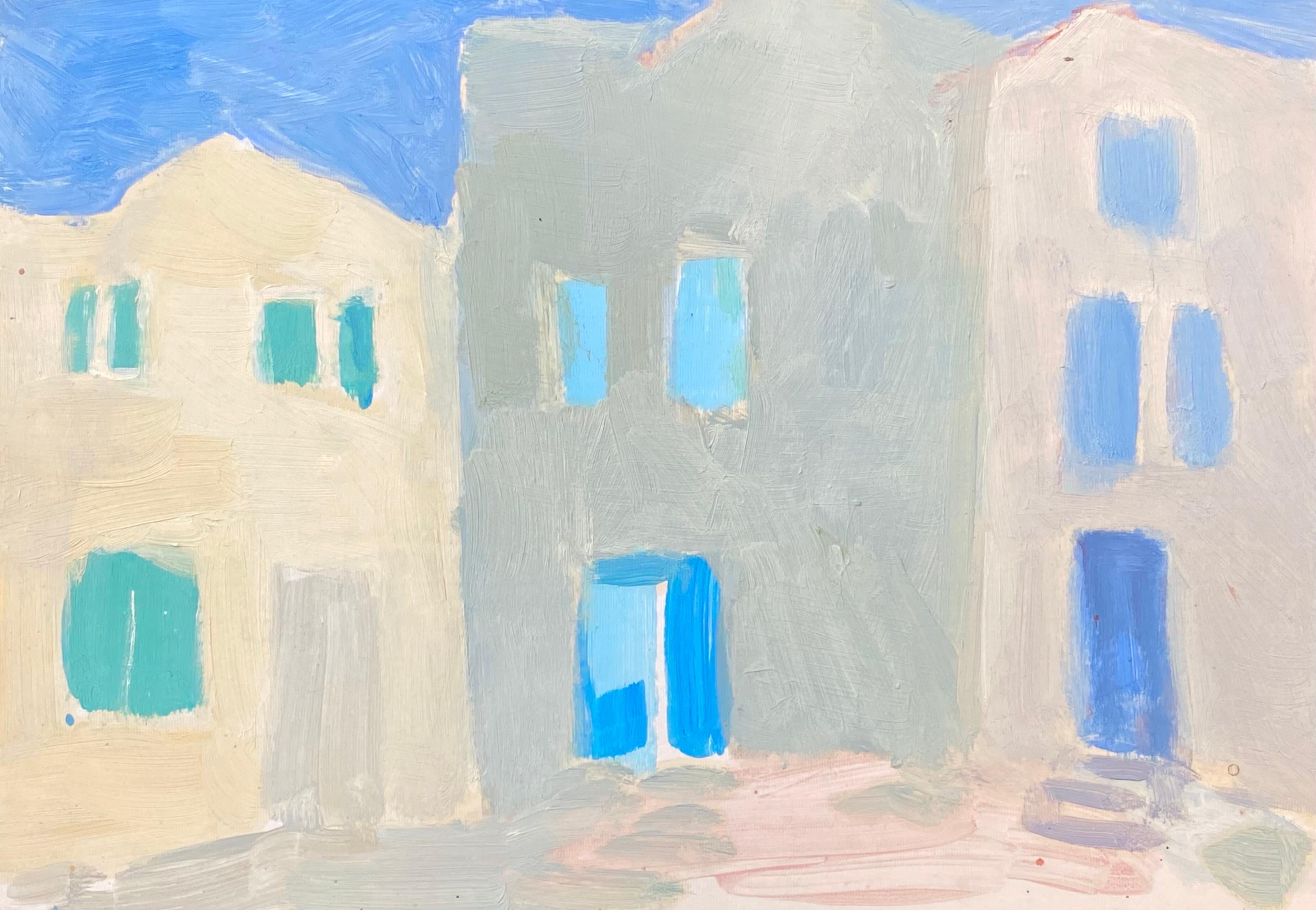 Peinture à l'huile moderniste allemande du 20e siècle représentant des maisons colorées sous un ciel bleu