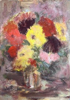 Vintage 20th Century German Modernist Oil Painting Colorful Still Life of Flowers
