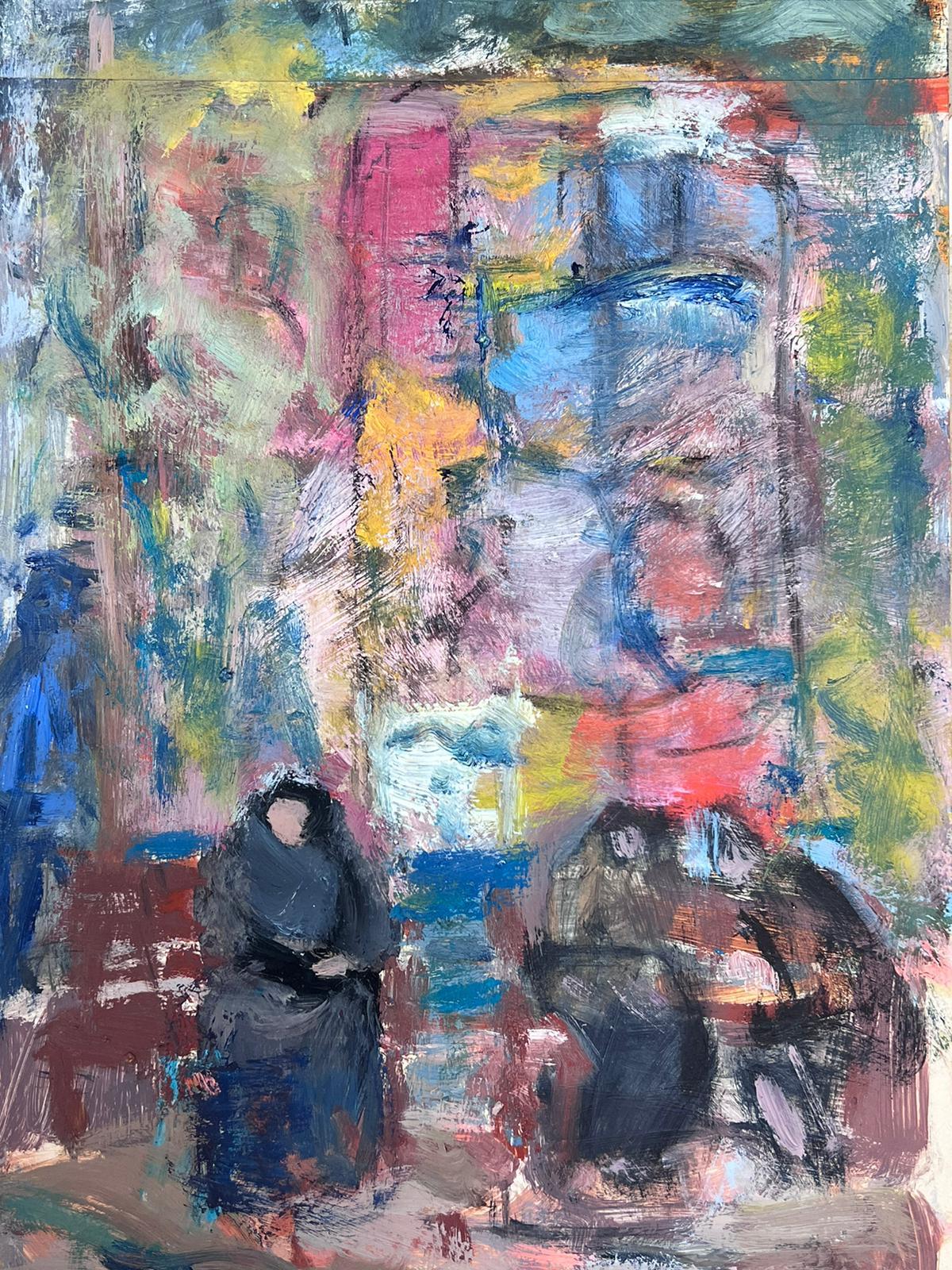 20th Century German Modernist Oil Painting colourful Figures in Street For Sale 1