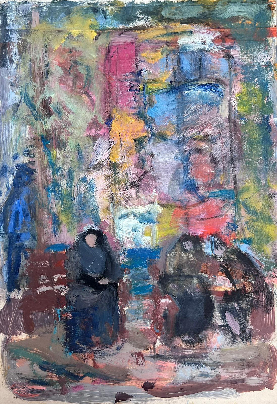 Elisabeth Hahn Abstract Painting - 20th Century German Modernist Oil Painting colourful Figures in Street