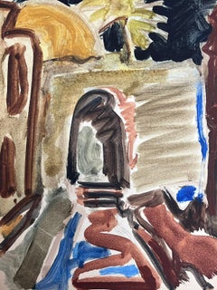 20th Century German Modernist Oil Painting - Expressionist Town with Palm Tree