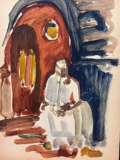 Figure à l'huile moderniste allemande du 20e siècle, assise sur les marches de la porte