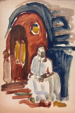 20th Century German Modernist Oil Painting Figure Sat On Door Steps