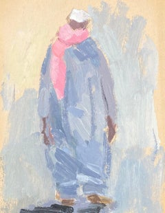 Óleo modernista alemán del siglo XX Estudio de figura en azul con pañuelo rosa