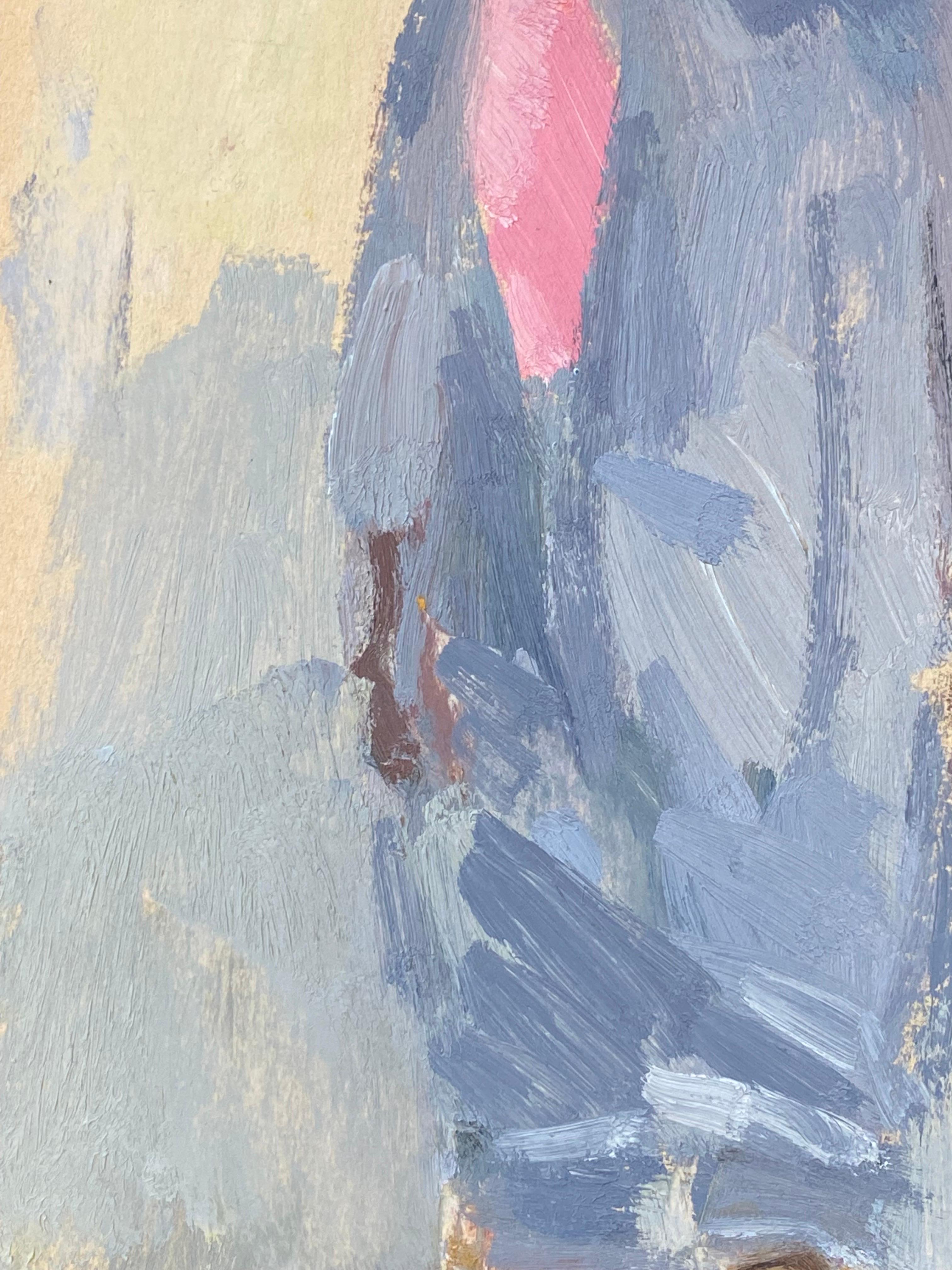 Peinture à l'huile moderniste allemande du 20e siècle, étude en bleu avec écharpe rose - Gris Figurative Painting par Elisabeth Hahn