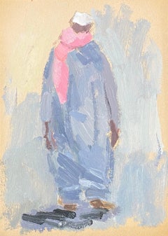 20th Century German Modernist Oil Painting Figure Study in Blue with Pink Scarf