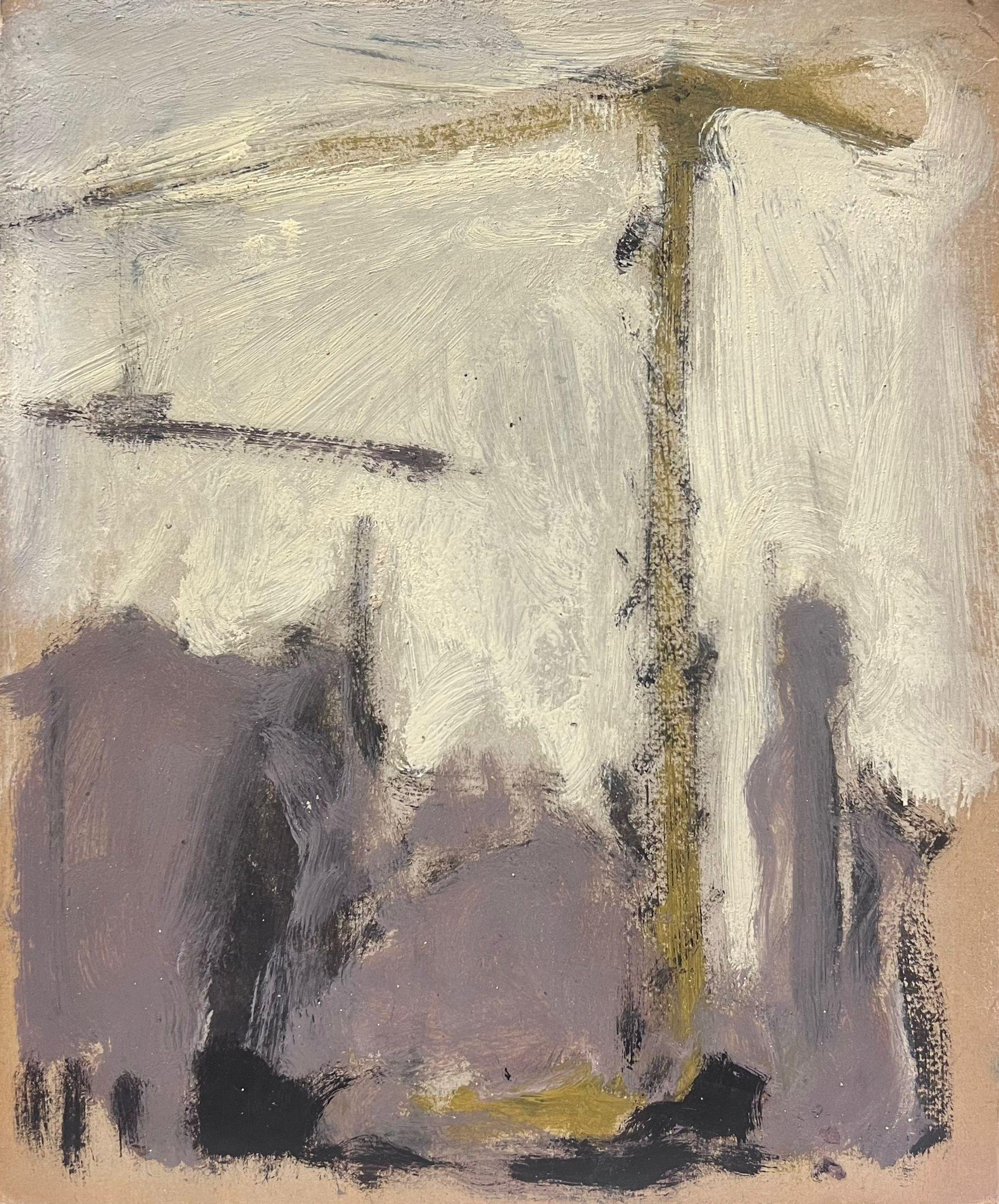Elisabeth Hahn Abstract Painting – 20. Jahrhundert Deutsch Modernist Ölgemälde Gold Crane Over Grey Landschaft