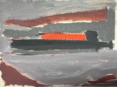 20th Century German Modernist Oil Painting Grey and Red Sea Landscape