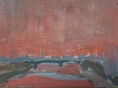20th Century German Modernist Oil Painting Grey Bridge Red Sky Scape
