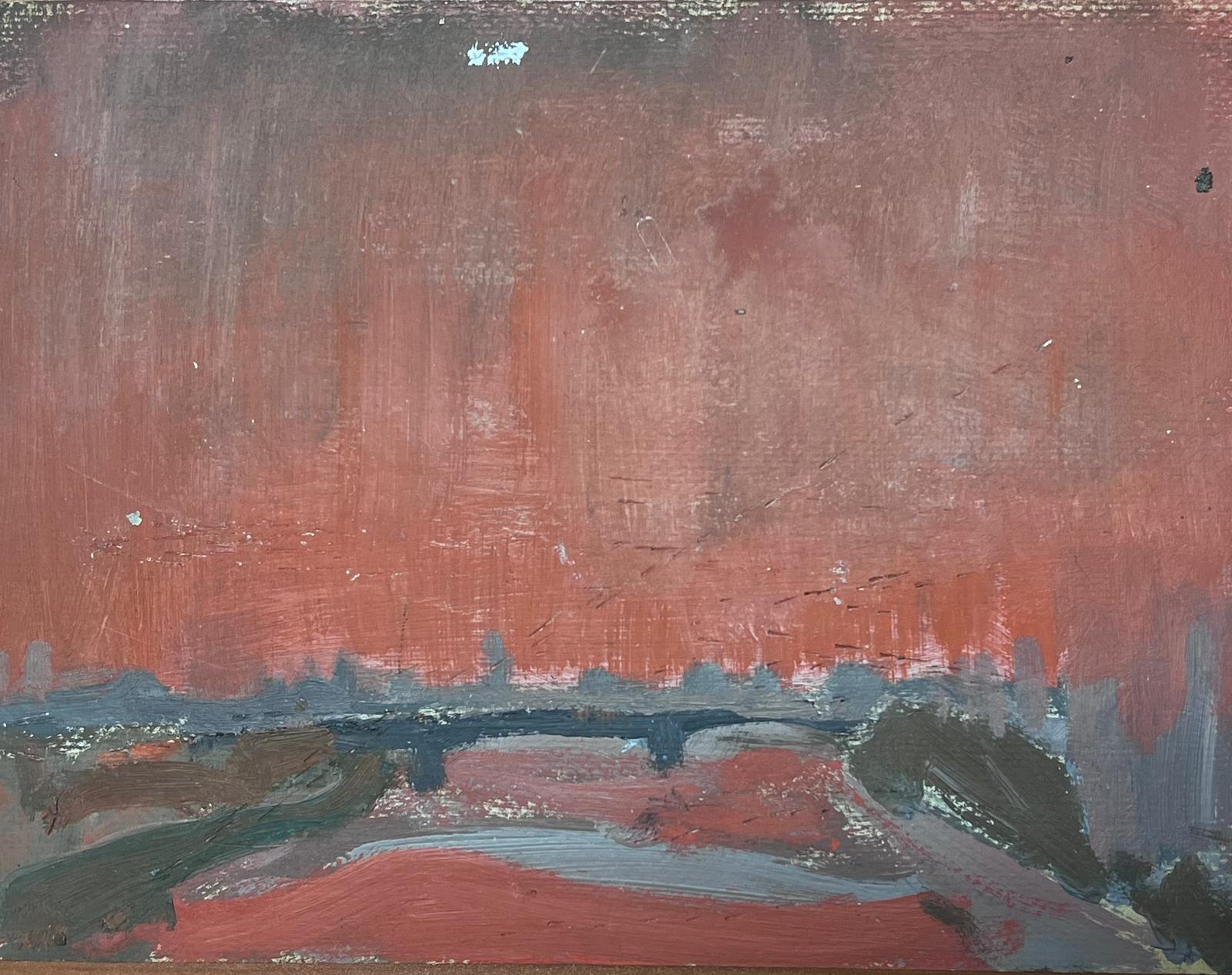 20th Century German Modernist Oil Painting Grey Bridge Red Sky Scape For Sale 1